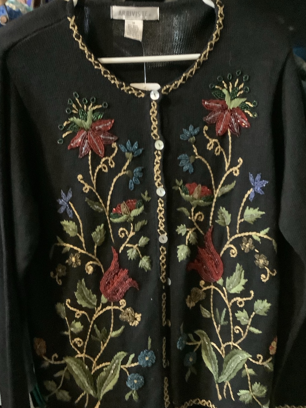 Arriviste Black Embroidered Floral Cardigan Sweater, new